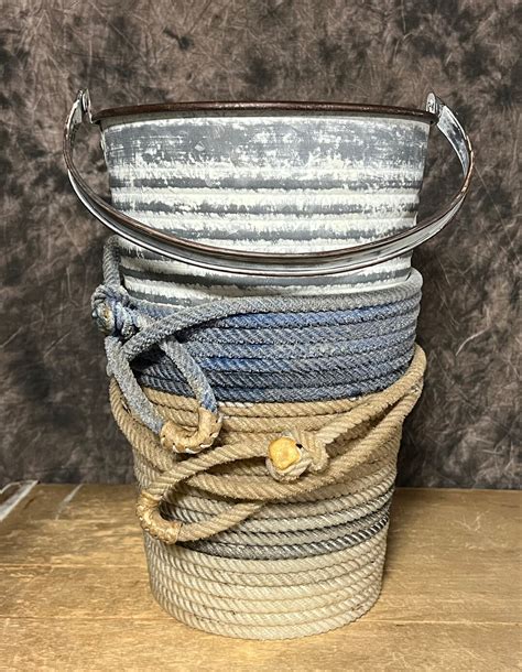 Lariat Wrapped Metal Bucket Repurposed Lariat Ropes On White Wash