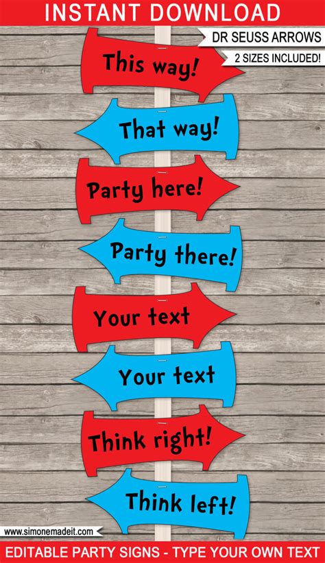 Printable Dr Seuss Arrow Signs Templates Birthday Party Cat In The Hat