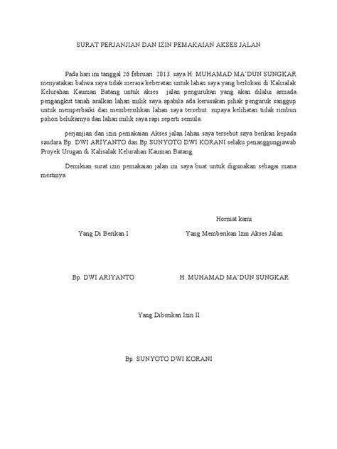Yogyakarta 20 april 2018 kepala bagian personalia. Surat Perjanjian Dan Izin Pemakaian Akses Jalan
