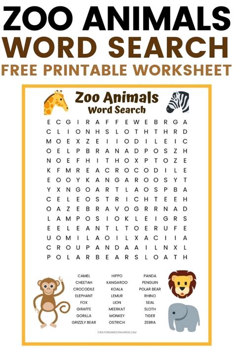 Zoo Animals Word Search Free Printable