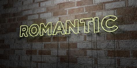 Romantic Glowing Neon Sign On Stonework Wall 3d Rendered Royalty
