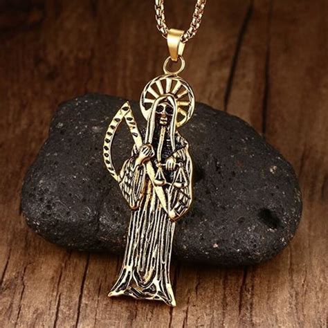 14k solid real yellow gold 3d virgin mary guadalupe diamond cut pendant charm. Halloween Mens Necklaces Vintage Punk Skull Death Grim Reaper Skull Scythe Pendant Gold Color ...