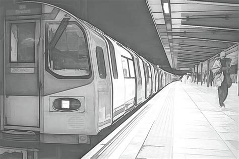 London Underground Train At Station Black And White Sketch Digital Art
