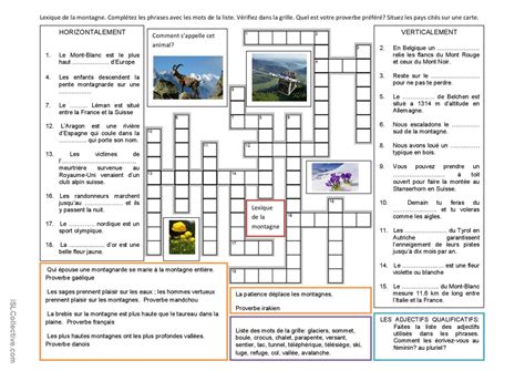 Lexique De La Montagne Mots Crois S Fran Ais Fle Fiches Pedagogiques