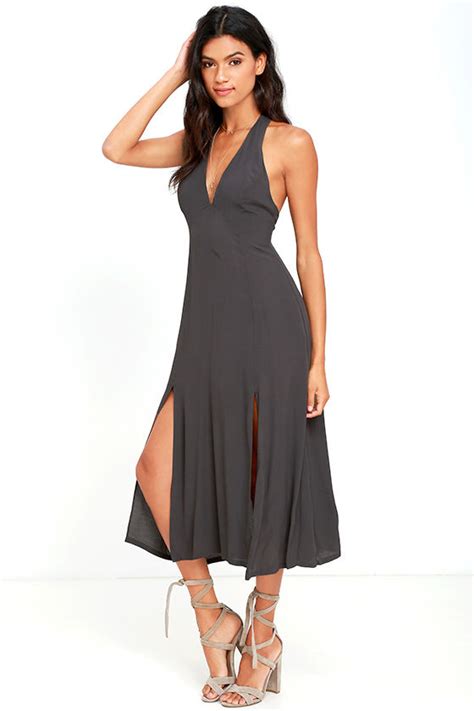 Pretty Charcoal Grey Dress Midi Dress Halter Dress 4900