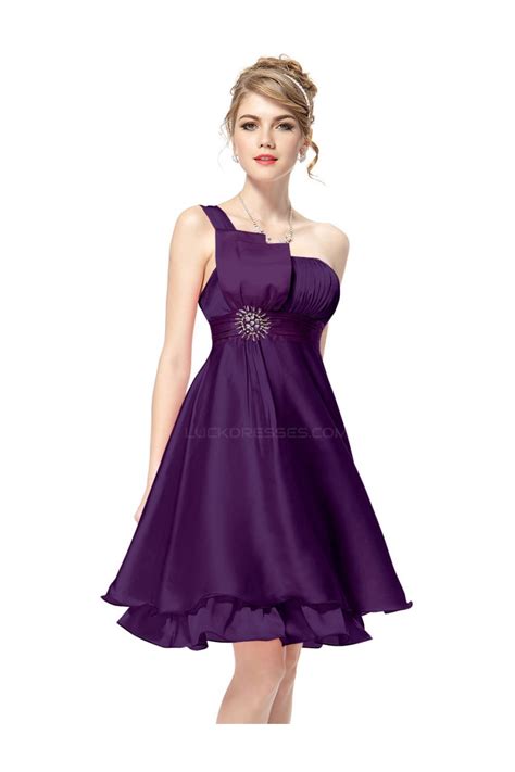 The bodice features a sweetheart neckline adorned in hand sewn silver beading. A-Line One-Shoulder Short Purple Bridesmaid Dresses ...