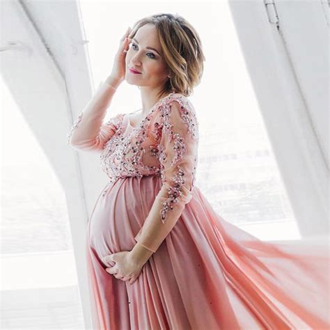 Peach Pink Long Sleeve Evening Dress For Pregnant 2017 Plus Size Maternity Women Prom Gown Robe