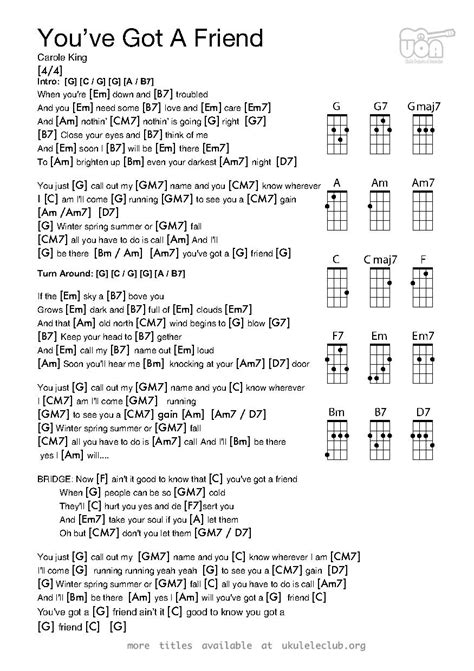 You can find more tabs and chords, submitted by uke hunt readers on uker tabs and some of my half finished tabs on the rag bag page. You've Got a Friend - Carole King | Ukulele Club Amsterdam | Ukulele chords songs, Guitar chords ...