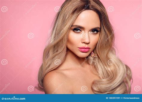 Ombre Blond Hairstyle Beauty Fashion Blonde Portrait Sexy Woman Wears In Pink Fur Coat