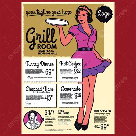 Vintage Diner Poster Menu Template Retro Waitress With A Tray Template Download On Pngtree