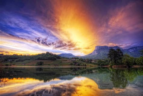 Nature Landscape Lake Sunset Mountain Field Clouds Trees
