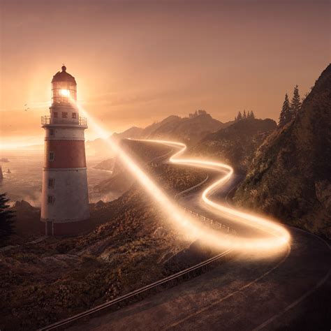 Lighthouse 4k Wallpaper Road Coastline Sunset Light Surreal