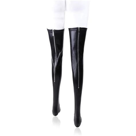 Women Fetish Lingerie Sexy Faux Leather Thigh High Stockings Back Zipper Erotic Clubwear Latex