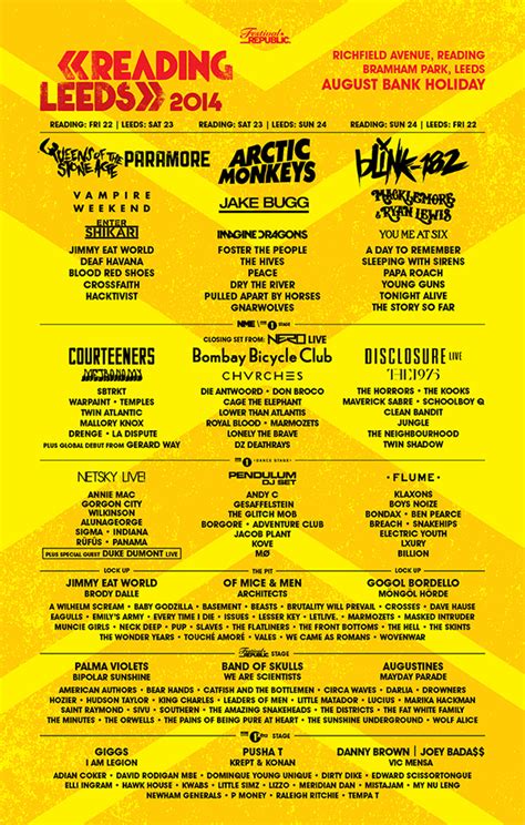 August fanden die zwillingsfestival leeds und reading in england statt, unter anderem mit arctic monkeys, vampire weekend, jake bugg, blood red shoes, chvrches und queens of the stone age. Reading Festival 2015 Tickets and Dates - See Tickets
