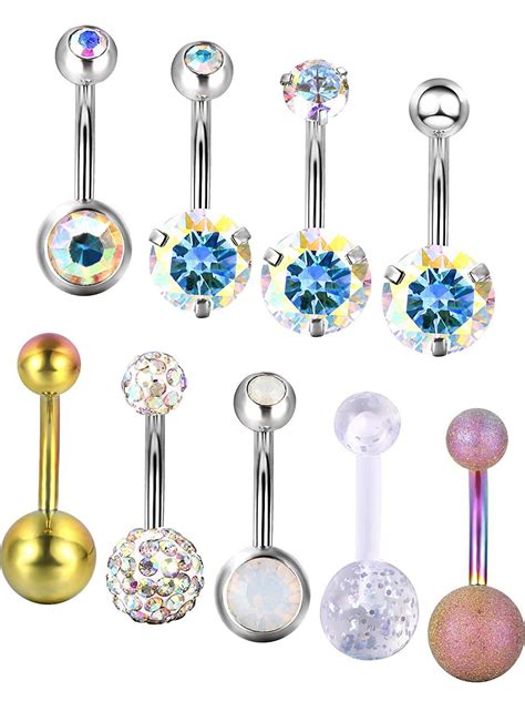 Hestya 9 Pieces 14g 316l Stainless Steel Belly Button Rings Navel Rings Barbell Body Piercing
