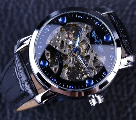 Winner Black Skeleton Designer Blue Engraving Clock Watch Đồng Hồ