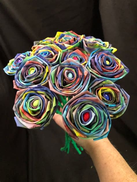 Rainbow Tye Dye Cotton Roses With Stems Tye Dye Rose Flower Etsy