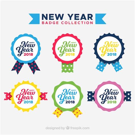 Coloridas insignias de año nuevo con cintas Vector Gratis