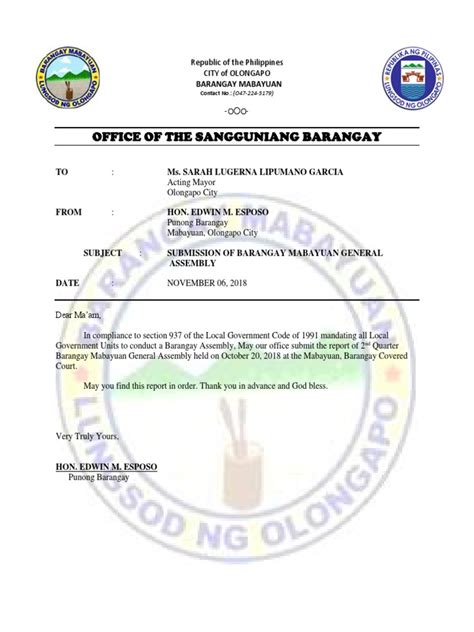 Barangay Assembly Letter Pdf
