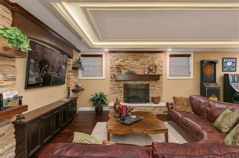 Basement Home Theater And Fireplace Traditional Basement Chicago