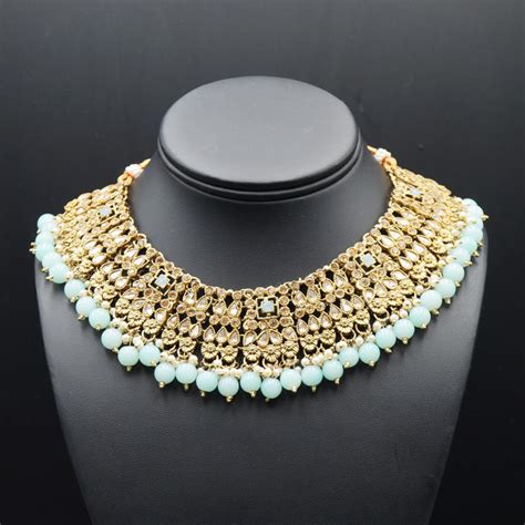 Ra Gold Kundansky Blue Beads Necklace Set Antique Gold Indian
