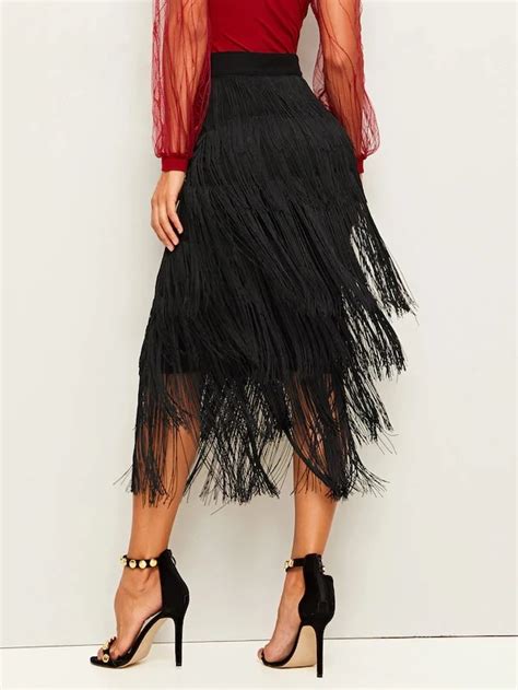 Solid Layered Fringe Trim Skirt Womens Skirt Womens Pencil Skirts Fashion Pencil Skirt