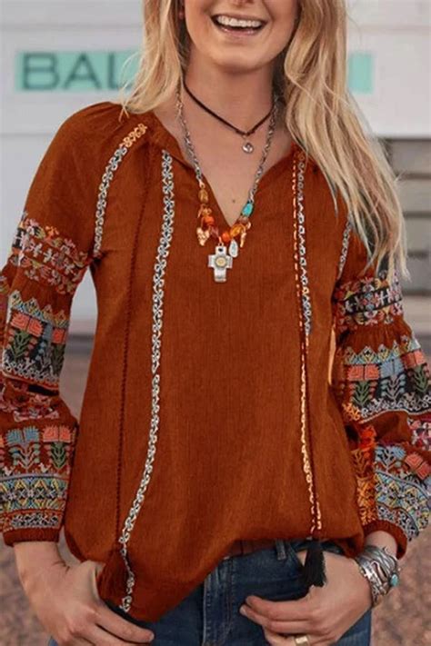 V Neck Long Sleeves Bohemian Printed Blouse Rebecy In 2020 Casual