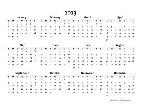 2023 Annual Calendar 2023 Blank Yearly Calendar Template