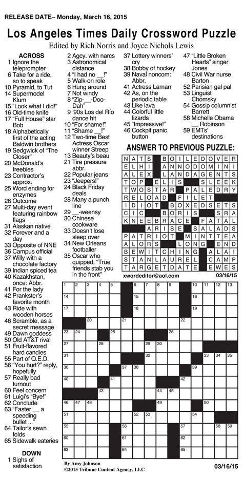 Printable La Times Crossword Puzzle Printable World Holiday