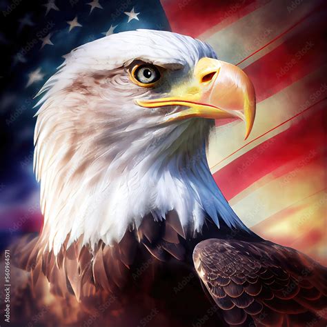 Patriotic American Bald Eagle In Front Of Flag Of Usa Generative Ai