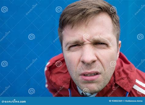 Angry Man In Red Coat Looking Up Stock Image Image Of Attack Angry