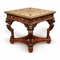 A RENAISSANCE REVIVAL CARVED MAHOGANY AND BRASS-MOUNTED SPECIMEN MARBLE ...