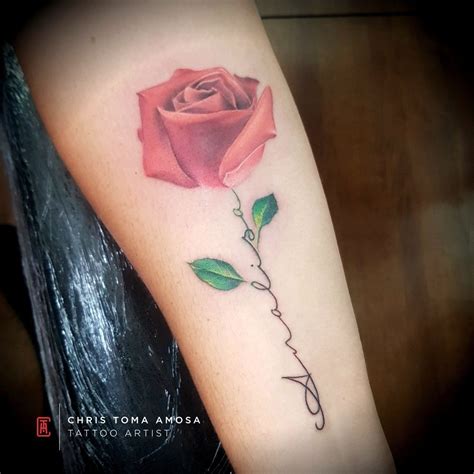 A white rose tattoo is a symbol of pure and everlasting love. Rose tattoo with lettering for stem | Rose tattoo with ...