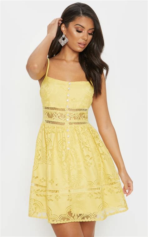 Yellow Lace Button Detail Skater Dress Prettylittlething