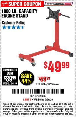 I avoided their 6 ton jack stand (not aluminum) because the jackstand release handle will allow the jack to drop to the lowest setting even with the full weight of a i used the hf app on my smartphone whose coupons are most good thru 12/31/2020. PITTSBURGH AUTOMOTIVE 1000 lb. Capacity Engine Stand for $49.99 - Harbor Freight Coupons