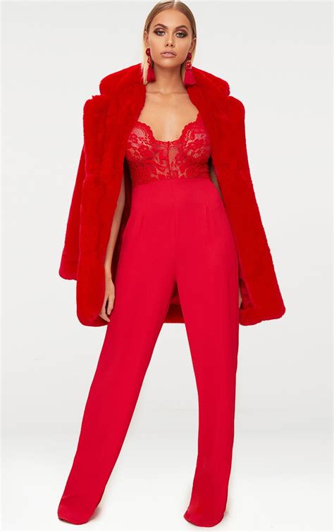 red lace wide leg jumpsuit prettylittlething