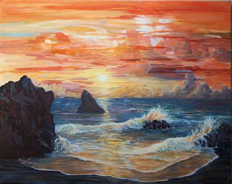 Oregon Coast Sunset Beach Seascape Original Oil Painting