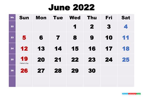 Printable June 2022 Calendar With Holidays Word Pdf