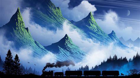 Mountain And Train Art 4k Wallpaper Cool Backgrounds Mountain Art