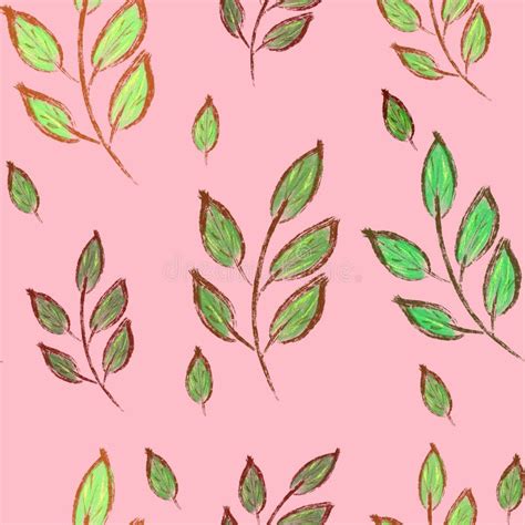 Seamless Pattern With Green Leaves On Pink Background Hand Drawing