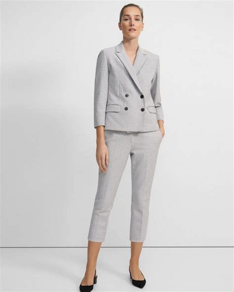 Theory Blazers Jackets Shrunken Double Breasted Blazer In Double Face Grid Cotton White