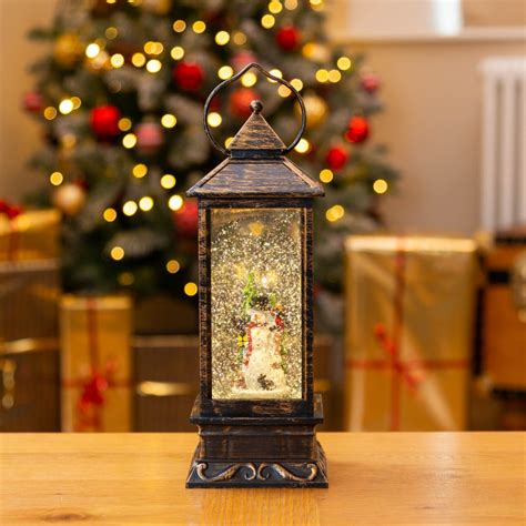 Water Filled Christmas Lantern Glitter Spinner Led Snowman Lamp Light