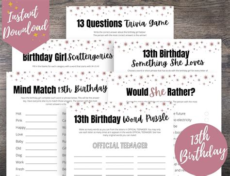 13th Birthday Party 6 Game Bundle 13th Birthday Party Games Etsy