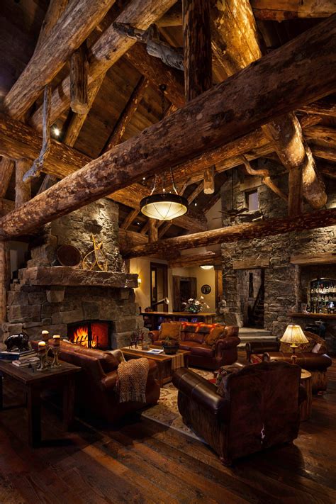 Stylish Homes Stone Fireplace Bar Fills Rustic Log Cabin