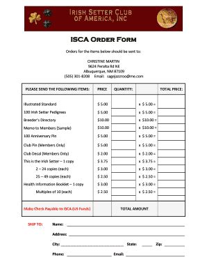 Fillable Online Isca Order Form Irish Setter Club Of America Fax