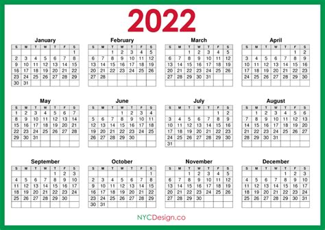 2022 Calendar Printable Free Horizontal Green Hd Sunday Start