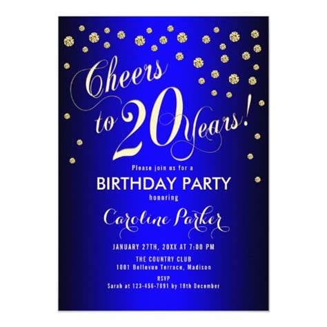 20th Birthday Party Gold Royal Blue Invitation