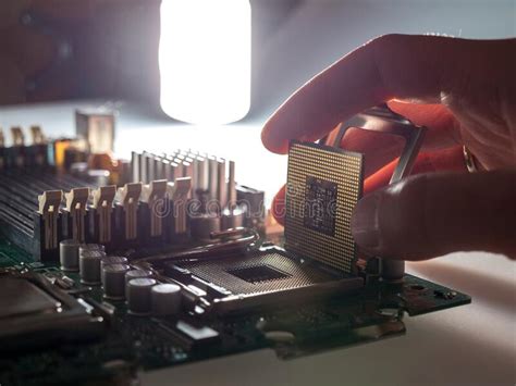 Installing Modern Central Processor Unit Motherboard Stock Photos