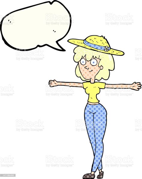 Freehand Drawn Comic Book Speech Bubble Cartoon Woman Spreading Arms Stock Illustration