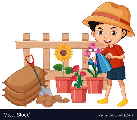 Boy Watering Flowers In Garden On White Royalty Free Vector